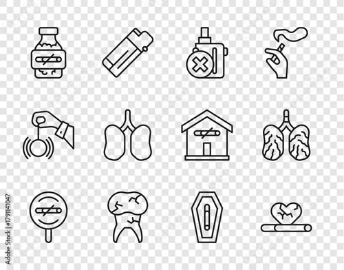 Set line No smoking, Heart disease with, electronic cigarette, Tooth caries, Nicotine gum blister pack, Lungs, Death from and Disease lungs icon. Vector