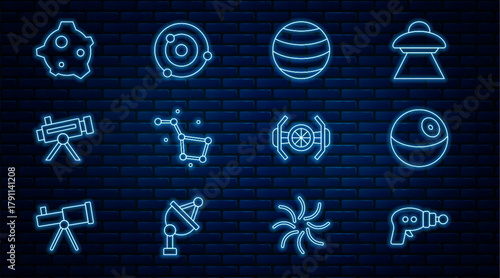 Set line Ray gun, Planet, Great Bear constellation, Telescope, Asteroid, Cosmic ship and Solar system icon. Vector