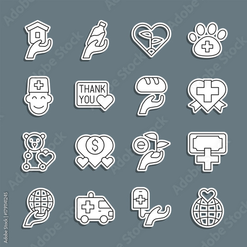 Set line Hand holding Earth globe, Donation charity, Heart with cross, Leaf heart, Thank you, Male doctor, Shelter for homeless and food icon. Vector