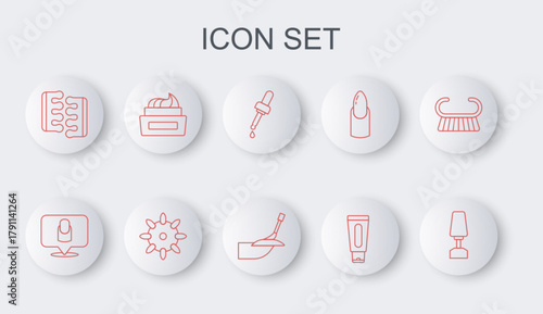 Set line Milling cutter for manicure, Manicure, Pipette with oil, Tube of hand cream, Toe separator pedicure, Bottle nail polish, False nails and icon. Vector