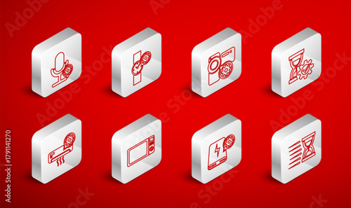 Set line Old hourglass with sand, Wrist watch setting, Video camera, Hourglass, Power bank, Microphone, Microwave oven and Air conditioner icon. Vector
