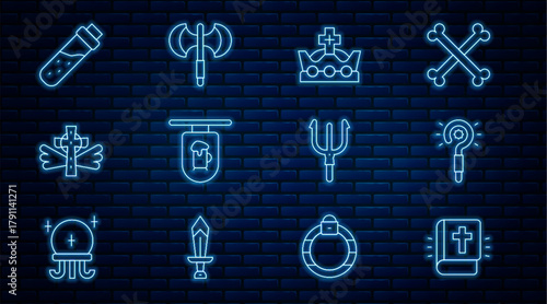 Set line Holy bible book, Magic wand, King crown, Street signboard with Bar, Christian cross, Bottle potion, Neptune Trident and Medieval poleaxe icon. Vector