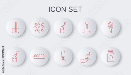 Set line Tube of hand cream, Milling cutter for manicure, Nail, scissors, False nails, and icon. Vector