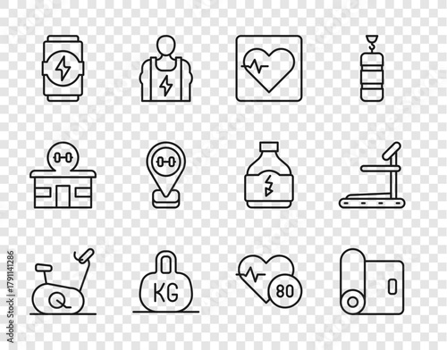 Set line Stationary bicycle, Fitness mat roll, Heart rate, Weight, Energy drink, Location gym, and Treadmill machine icon. Vector