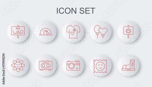Set line Sneakers, Flower, Peace t-shirt print stamp, LSD acid mark, No war, Tourist tent, Retro audio cassette tape and Photo camera icon. Vector