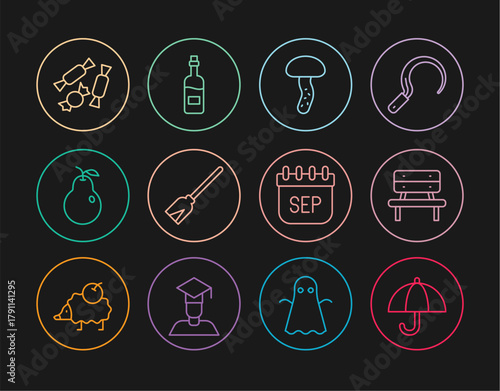 Set line Umbrella, Bench, Mushroom, Handle broom, Pear, Candy, September calendar autumn and Bottle of wine icon. Vector