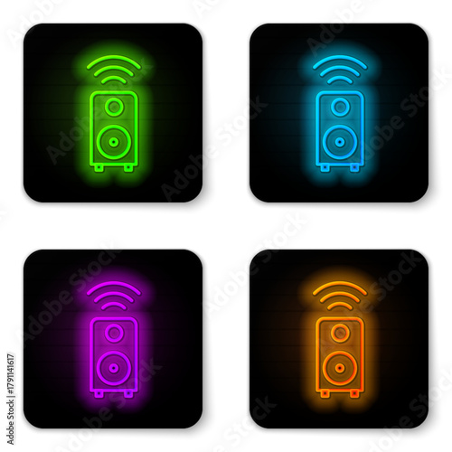 Glowing neon line Smart stereo speaker system icon isolated on white background. Sound system speakers. Internet of things concept with wireless connection. Black square button. Vector