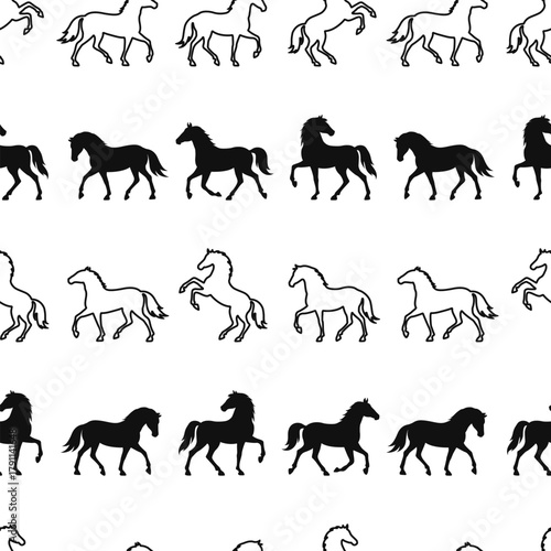 Seamless black and white horse pattern with outlined and filled silhouettes. Endless equine repeated print cover for 2026 Year of the Horse. Zodiac Chinese New Year wallpaper, dynamic lunar background