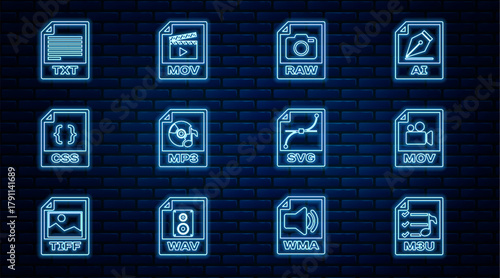 Set line M3U file document, MOV, RAW, MP3, CSS, TXT, SVG and icon. Vector