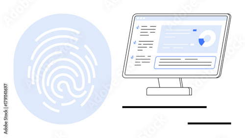 Fingerprint icon beside a desktop monitor displaying data analysis interface. Ideal for cybersecurity, biometrics, data protection, technology, identity security, online safety, simple flat metaphor