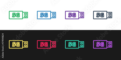 Set line 5G modem for fast mobile Internet icon isolated on black and white background. Global network high speed connection data rate technology. Vector