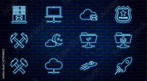Set line Rocket ship with fire, FTP folder download, Cloud mail server, moon and stars, Two crossed hammers, Mail, operation successful and Computer network icon. Vector