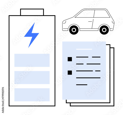 Large battery with lightning bolt, car, and documents highlight electric mobility, sustainability, and energy use. Ideal for technology, transport, innovation, research efficiency design simple