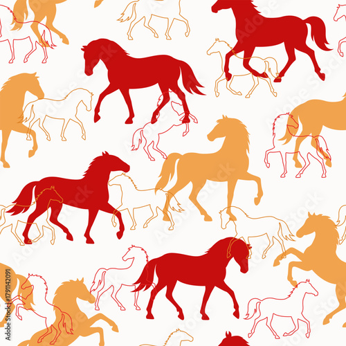 Seamless pattern with red and gold horse silhouettes on white background. Equine zodiac endless print for 2026 Year of the Horse. Oriental luxury background, wallpaper for Lunar new year and Christmas