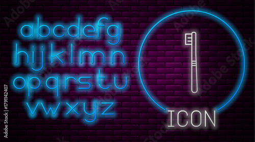 Glowing neon line Toothbrush icon isolated on brick wall background. Neon light alphabet. Vector Illustration