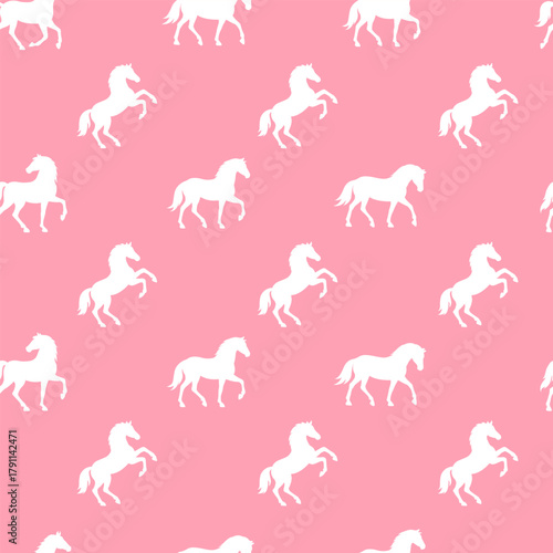 Seamless pink pattern with repeating white horse silhouettes. Simple equine zodiac motif for 2026 Year of the Horse. Cute clean repeated wallpaper, background for festive, decorative new year themes.