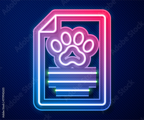 Glowing neon line Clipboard with medical clinical record pet icon isolated on blue background. Health insurance form. Medical check marks report. Vector