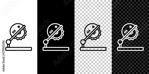 Set line Table saw for woodwork icon isolated on black and white, transparent background. Power saw bench. Vector