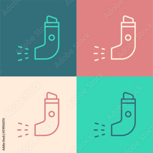 Pop art line Inhaler icon isolated on color background. Breather for cough relief, inhalation, allergic patient. Vector