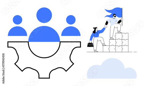 Gear integrated with team illustration, leader waving flag atop puzzle blocks aiding partner. Ideal for teamwork, leadership, strategy, collaboration, solutions, motivation progress. Simple flat