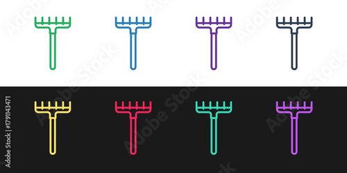 Set line Garden rake icon isolated on black and white background. Tool for horticulture, agriculture, farming. Ground cultivator. Housekeeping equipment. Vector