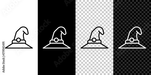 Set line Witch hat icon isolated on black and white, transparent background. Happy Halloween party. Vector