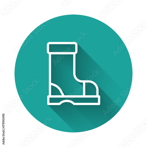 White line Waterproof rubber boot icon isolated with long shadow background. Gumboots for rainy weather, fishing, gardening. Green circle button. Vector