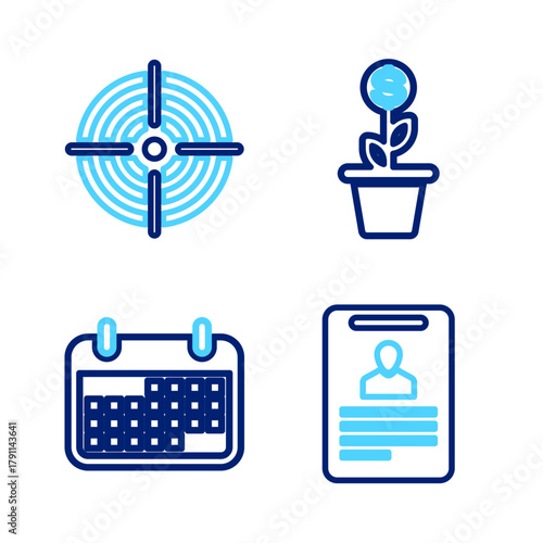 Set line Identification badge, Calendar, Dollar plant in the pot and Target sport icon. Vector