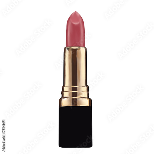Makeup elements and beauty tools illustration on transparent background. Pink lipstick. 