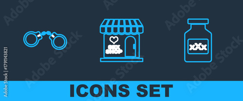 Set line Bottle with pills for potency, Handcuffs and Sex shop building icon. Vector