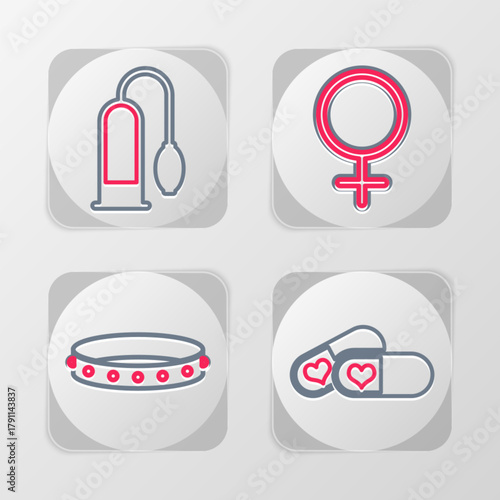 Set line Pills for potency, Leather fetish collar, Female gender symbol and Penis pump icon. Vector