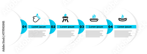 Set line Hotdog sandwich, Barbecue grill and Oven glove icon. Vector