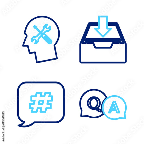 Set line Question and Answer, Hashtag speech bubble, Download inbox and Human head service icon. Vector
