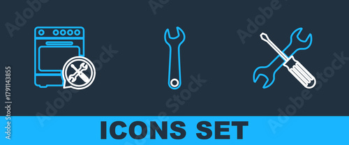 Set line Crossed screwdriver and wrench, Oven service and Wrench icon. Vector