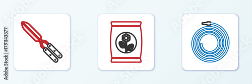 Set line Garden hose or fire hose, Gardening handmade scissor and Fertilizer bag icon. Vector