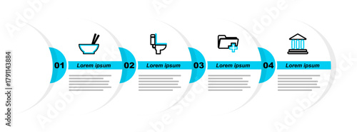Set line Bank building, Add new folder, Toilet bowl and Bowl with chopsticks icon. Vector