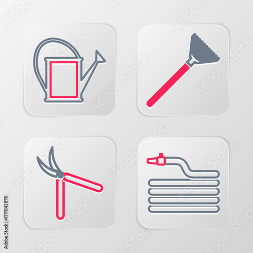 Set line Garden hose or fire hose, Gardening handmade scissor, rake for leaves and Watering can icon. Vector