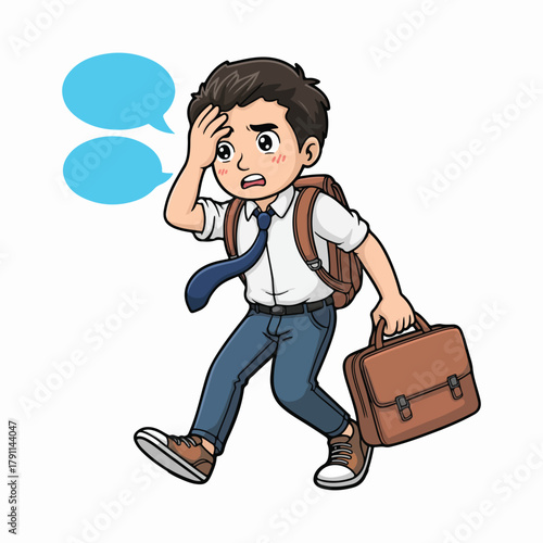 Stressed Schoolboy Rushing with Backpack and Briefcase