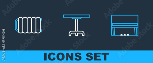 Set line Grand piano, Heating radiator and Round table icon. Vector
