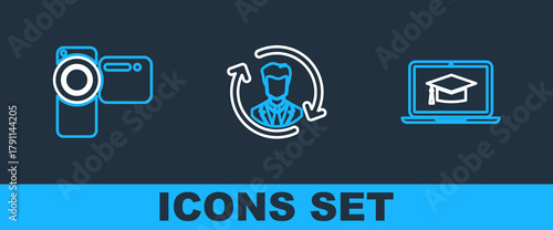 Set line Graduation cap on laptop, Cinema camera and Human resources icon. Vector