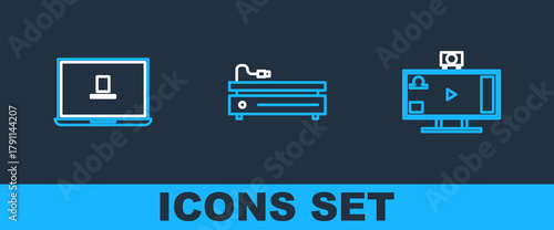 Set line Live streaming online, Laptop and Video game console icon. Vector