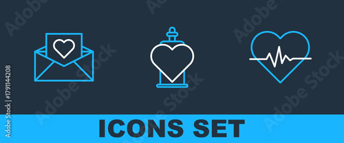 Set line Heart rate, Envelope with Valentine heart and Bottle love potion icon. Vector