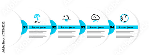 Set line Earth globe, Cloud with rain, Sunset and protective umbrella for beach icon. Vector