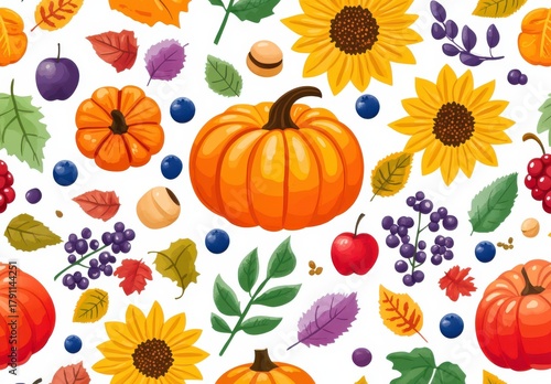 Seamless pattern of autumn pumpkins, leaves, and seasonal elements