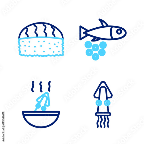 Set line Octopus, Soup with octopus, Fish caviar and Sushi icon. Vector