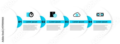 Set line Stereo speaker, Cloud sync refresh, Server setting and Stopwatch icon. Vector