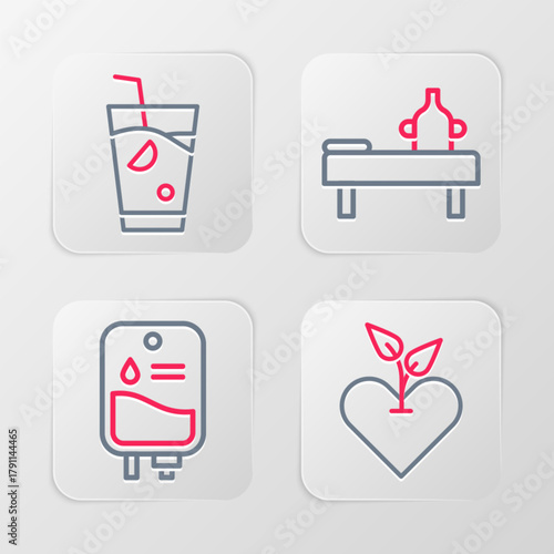 Set line Heart, IV bag, Massage table with oil and Fresh smoothie icon. Vector