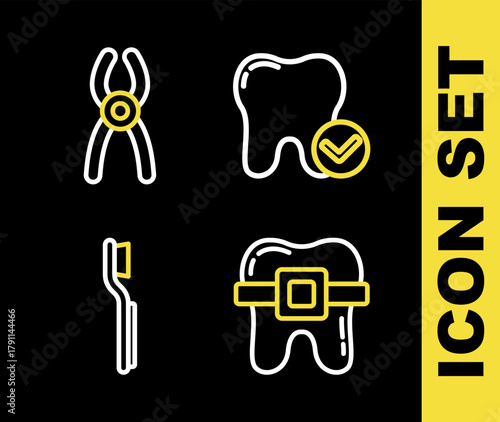 Set line Tooth whitening concept, Teeth with braces, Toothbrush and Dental pliers icon. Vector