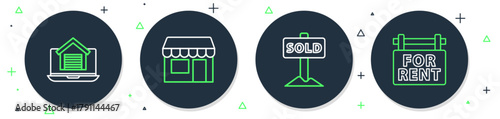 Set line Market store, Hanging sign with text Sold, Online real estate house and For Rent icon. Vector