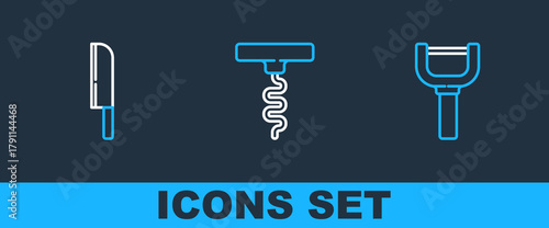 Set line Peeler, Knife and Wine corkscrew icon. Vector